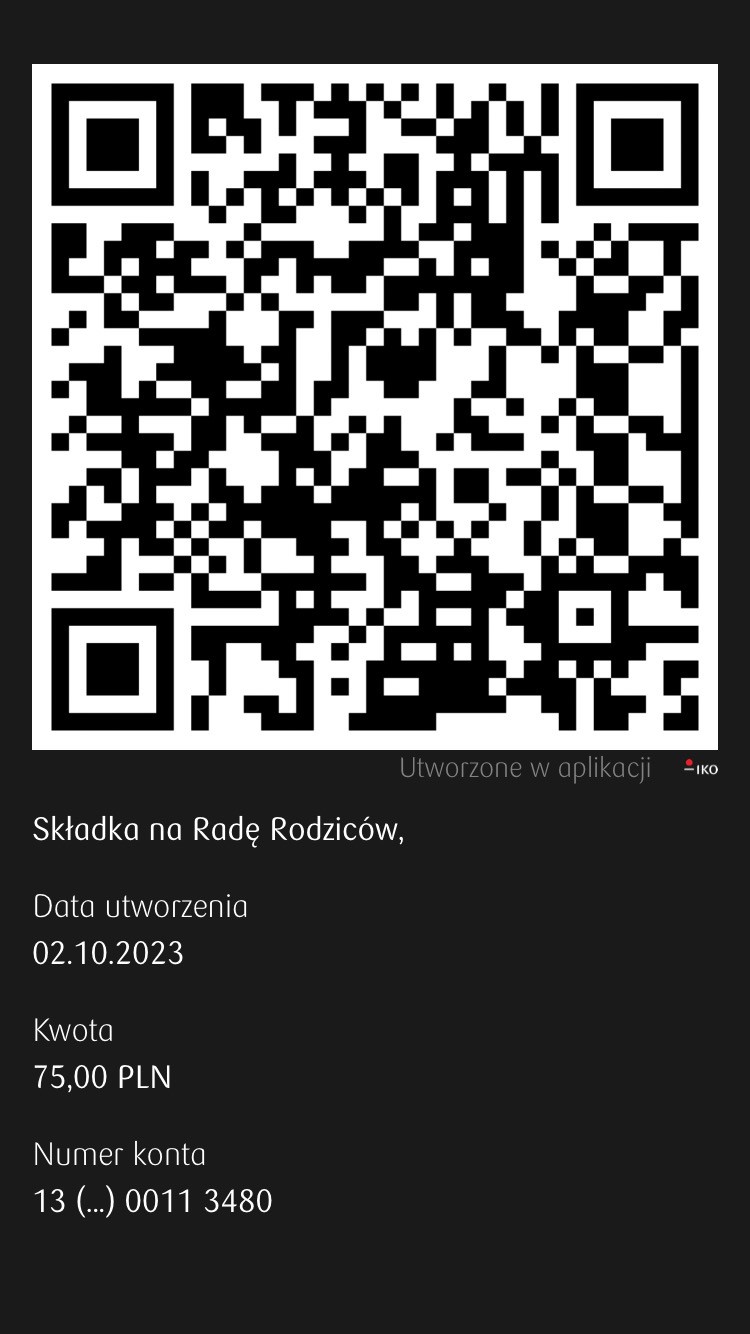 QR kod do płatności na fundusz Rady Rodziców na kwotę 75 zł