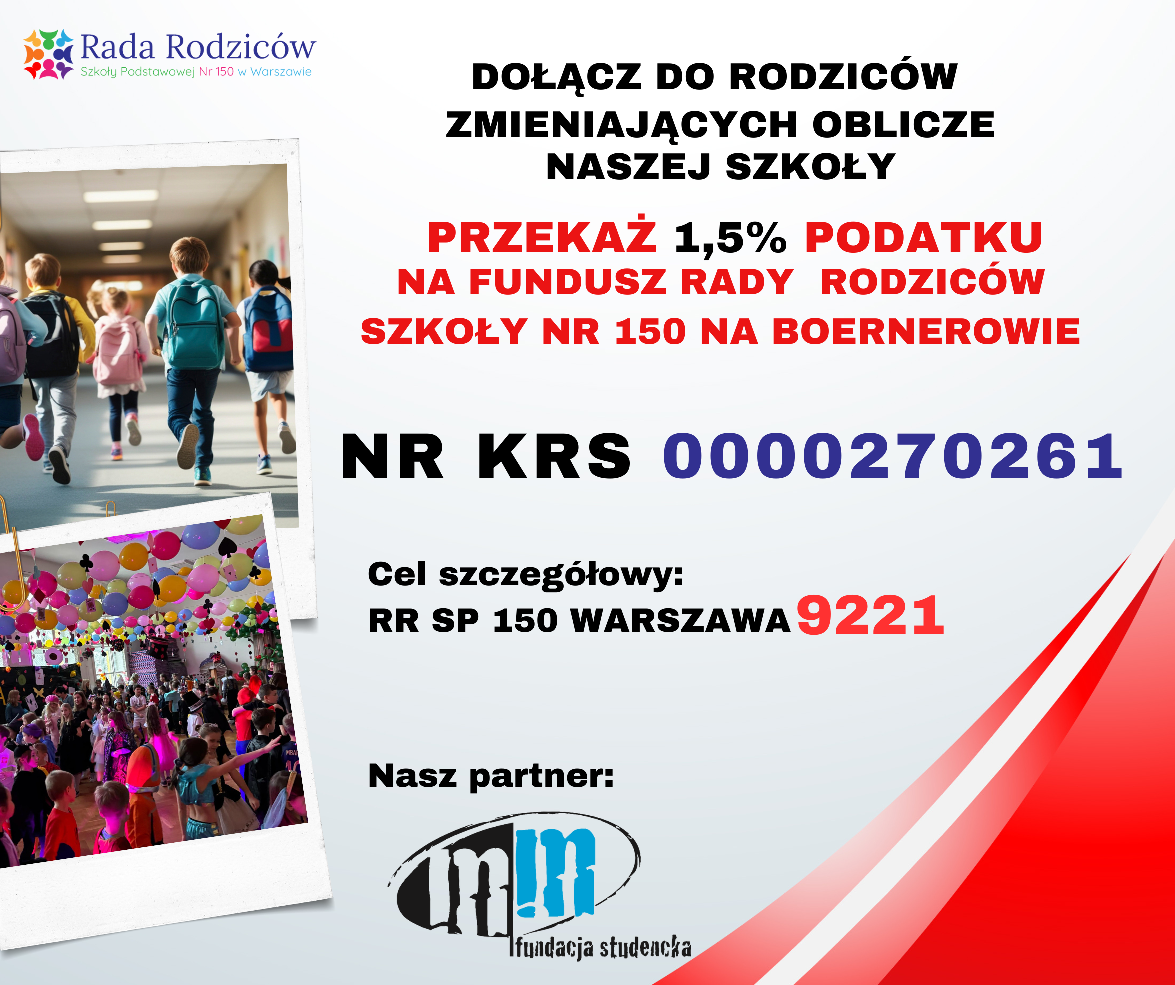 Read more about the article Przekaż 1,5 % na fundusz Rady Rodziców SP 150